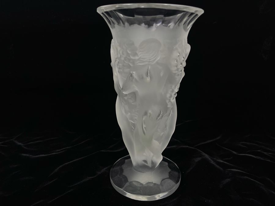 Czech Art Deco Frosted Crystal Relief Vase In Lalique Style Depicting Nude Figures, Grapes And Vine Leaves 8.5H X 4.5W [Photo 10]