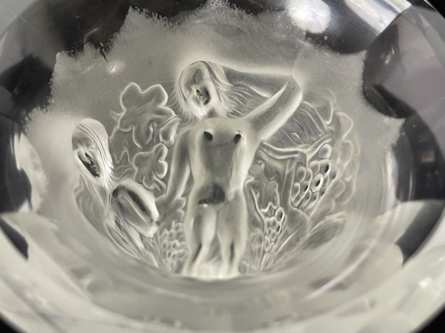 Czech Art Deco Frosted Crystal Relief Vase In Lalique Style Depicting Nude Figures, Grapes And Vine Leaves 8.5H X 4.5W [Photo 15]