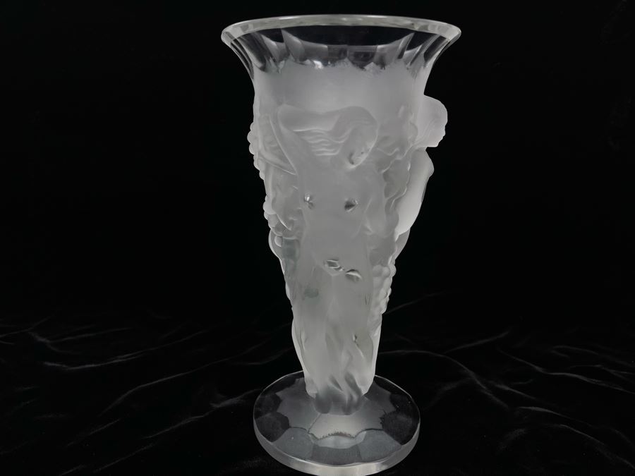 Czech Art Deco Frosted Crystal Relief Vase In Lalique Style Depicting Nude Figures, Grapes And Vine Leaves 8.5H X 4.5W [Photo 7]