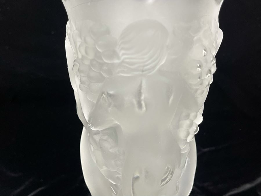 Czech Art Deco Frosted Crystal Relief Vase In Lalique Style Depicting Nude Figures, Grapes And Vine Leaves 8.5H X 4.5W [Photo 11]