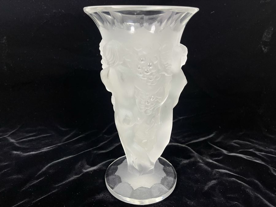Czech Art Deco Frosted Crystal Relief Vase In Lalique Style Depicting Nude Figures, Grapes And Vine Leaves 8.5H X 4.5W [Photo 5]