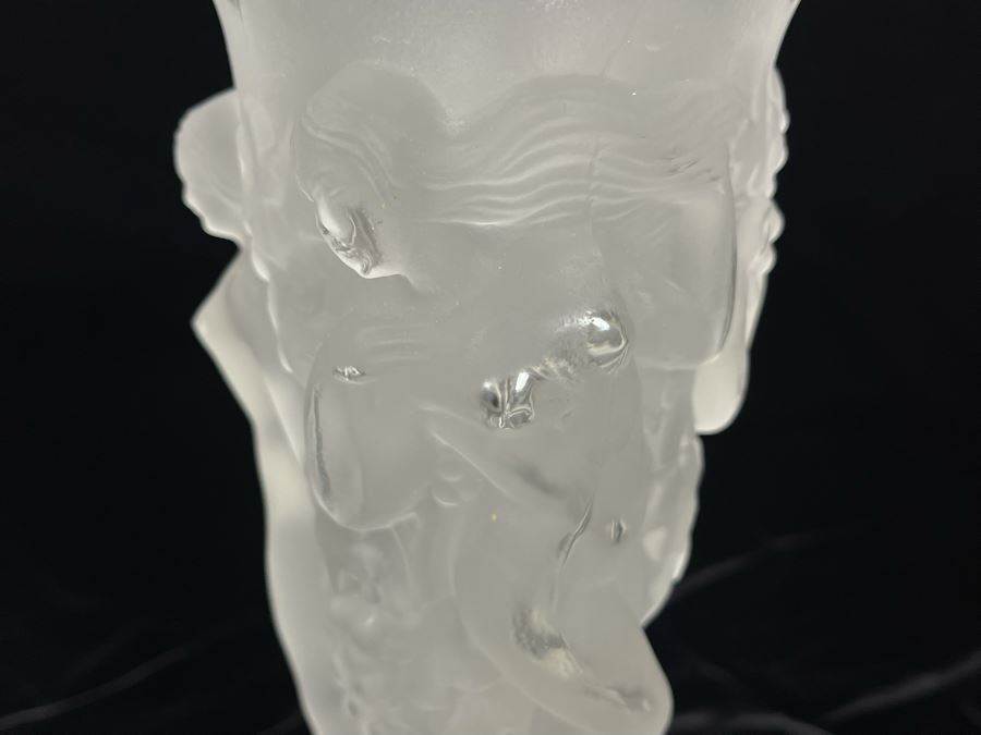 Czech Art Deco Frosted Crystal Relief Vase In Lalique Style Depicting Nude Figures, Grapes And Vine Leaves 8.5H X 4.5W [Photo 8]
