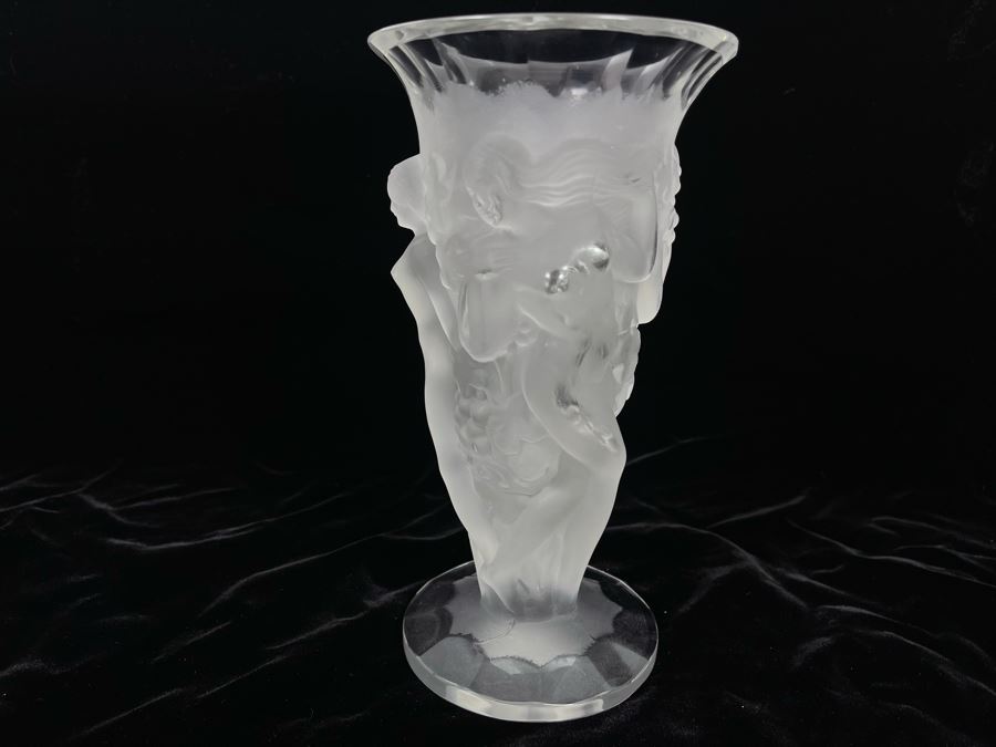 Czech Art Deco Frosted Crystal Relief Vase In Lalique Style Depicting Nude Figures, Grapes And Vine Leaves 8.5H X 4.5W