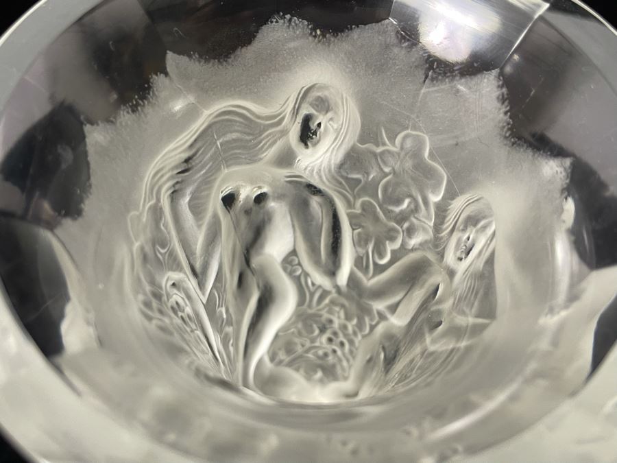 Czech Art Deco Frosted Crystal Relief Vase In Lalique Style Depicting Nude Figures, Grapes And Vine Leaves 8.5H X 4.5W [Photo 13]