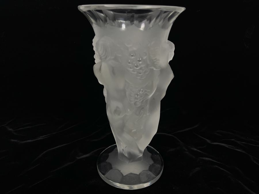 Czech Art Deco Frosted Crystal Relief Vase In Lalique Style Depicting Nude Figures, Grapes And Vine Leaves 8.5H X 4.5W [Photo 4]