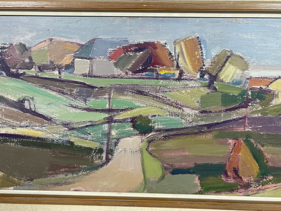 Original Abstract Landscape Painting Framed Signature Illegible 29 X 11 [Photo 4]