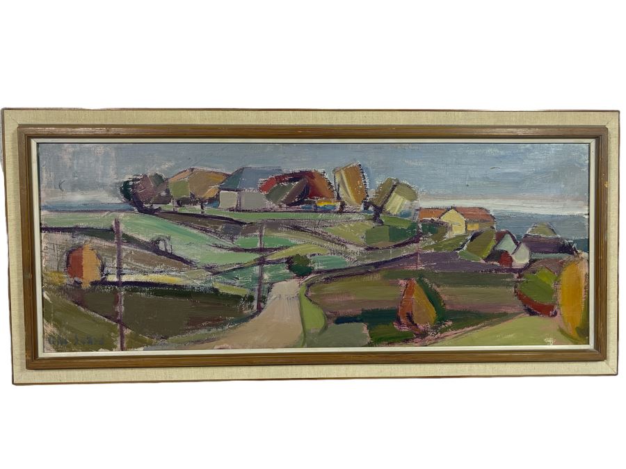 Original Abstract Landscape Painting Framed Signature Illegible 29 X 11 [Photo 2]