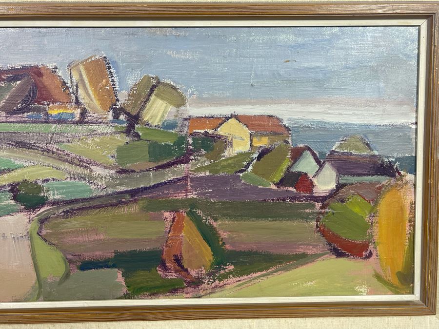 Original Abstract Landscape Painting Framed Signature Illegible 29 X 11 [Photo 5]