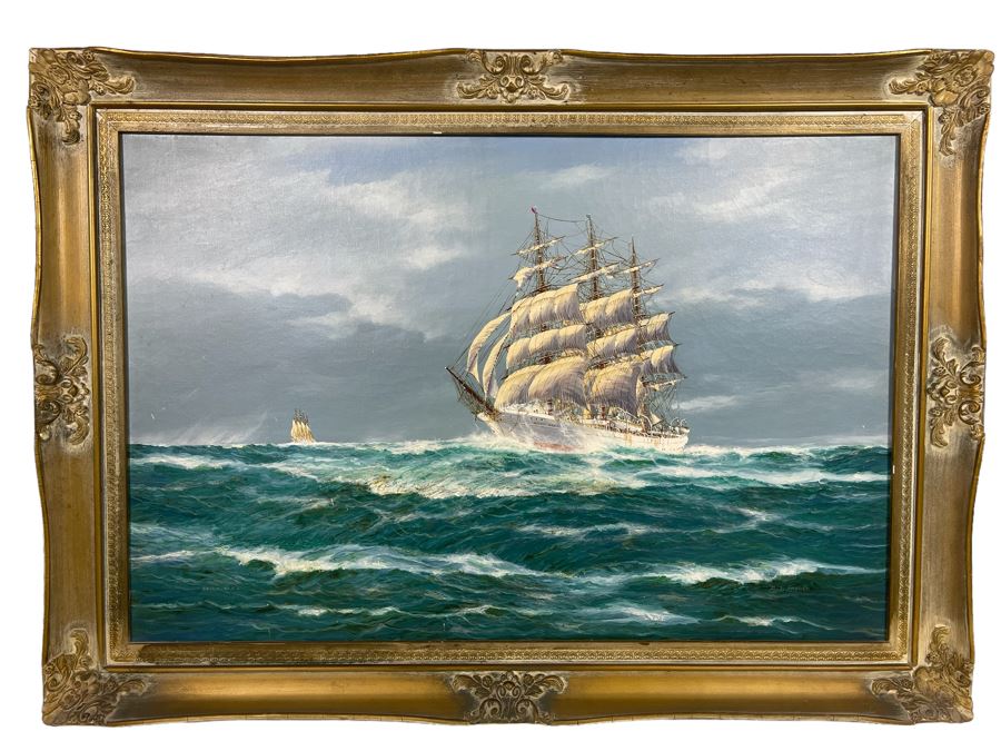 Original Jay Arnold (Born 1890) Nautical Sailing Ship Painting On Canvas Titled “Seven Seas” Framed 36 X 24