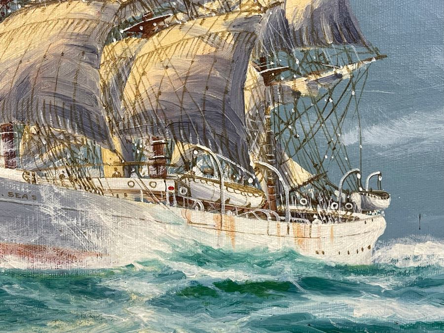 Original Jay Arnold (Born 1890) Nautical Sailing Ship Painting On Canvas Titled “Seven Seas” Framed 36 X 24 [Photo 6]