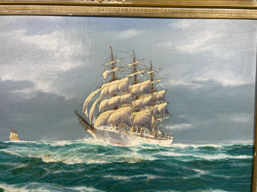 Original Jay Arnold (Born 1890) Nautical Sailing Ship Painting On Canvas Titled “Seven Seas” Framed 36 X 24 [Photo 15]