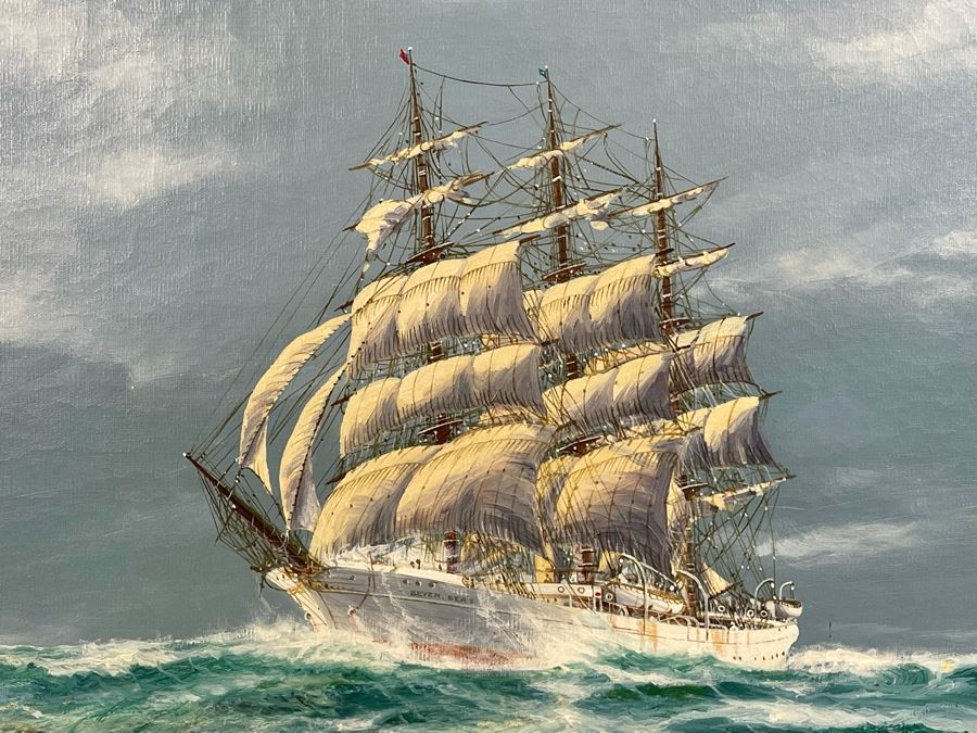 Original Jay Arnold (Born 1890) Nautical Sailing Ship Painting On Canvas Titled “Seven Seas” Framed 36 X 24 [Photo 4]