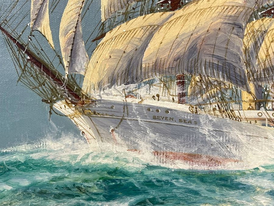 Original Jay Arnold (Born 1890) Nautical Sailing Ship Painting On Canvas Titled “Seven Seas” Framed 36 X 24 [Photo 5]