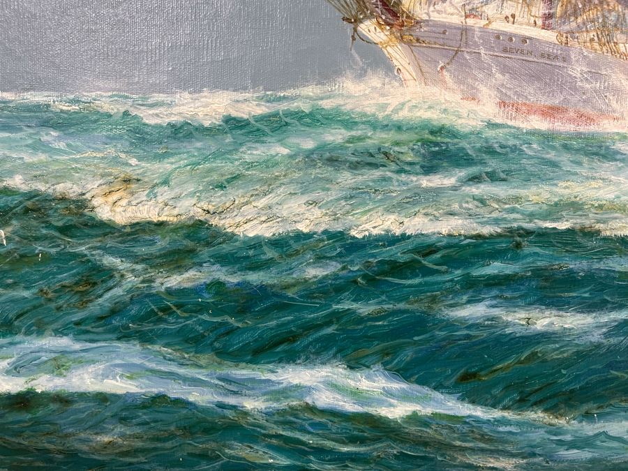 Original Jay Arnold (Born 1890) Nautical Sailing Ship Painting On Canvas Titled “Seven Seas” Framed 36 X 24 [Photo 12]