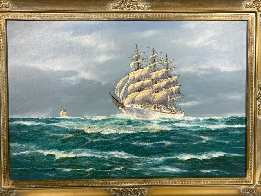 Original Jay Arnold (Born 1890) Nautical Sailing Ship Painting On Canvas Titled “Seven Seas” Framed 36 X 24 [Photo 2]