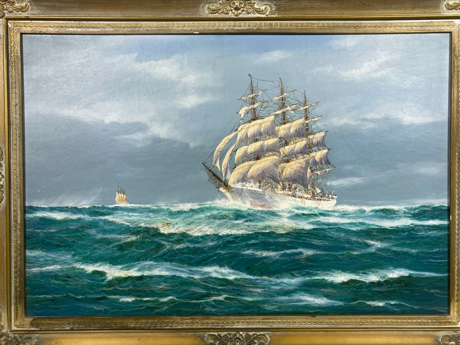 Original Jay Arnold (Born 1890) Nautical Sailing Ship Painting On Canvas Titled “Seven Seas” Framed 36 X 24 [Photo 3]