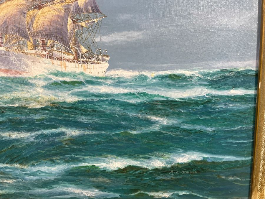 Original Jay Arnold (Born 1890) Nautical Sailing Ship Painting On Canvas Titled “Seven Seas” Framed 36 X 24 [Photo 13]