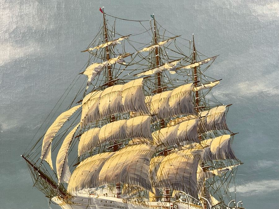 Original Jay Arnold (Born 1890) Nautical Sailing Ship Painting On Canvas Titled “Seven Seas” Framed 36 X 24 [Photo 7]