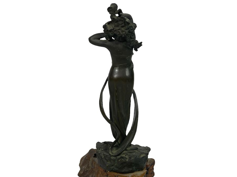 Vintage Alphonse Mucha Art Nouveau Bronze Sculpture On Burlwood Base [Photo 3]