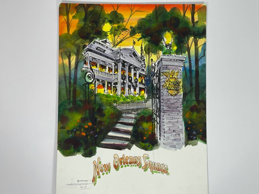 Original Disneyland Watercolor Pen And Ink Drawing Of New Orleans Square Haunted Mansion Disney Attraction By Magoo Valencia 2017 12 X 16 [Photo 2]