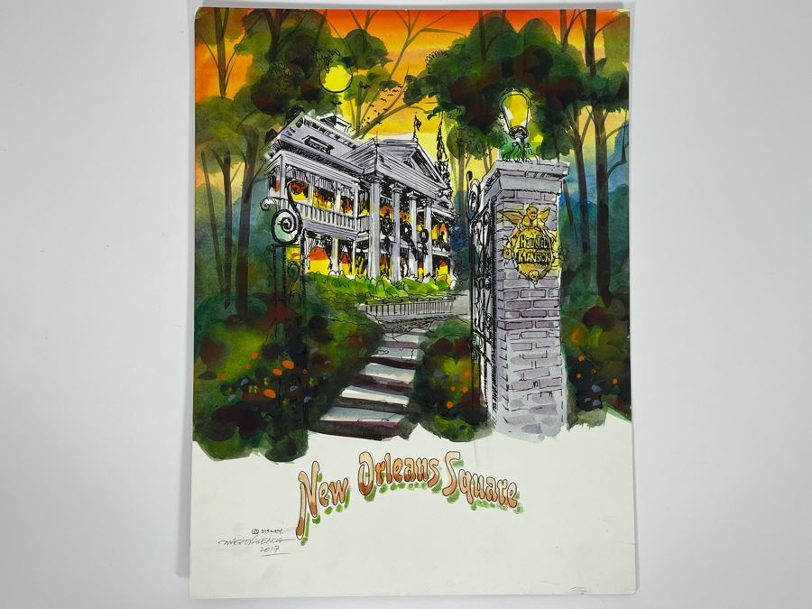 Original Disneyland Watercolor Pen And Ink Drawing Of New Orleans Square Haunted Mansion Disney Attraction By Magoo Valencia 2017 12 X 16 [Photo 1]