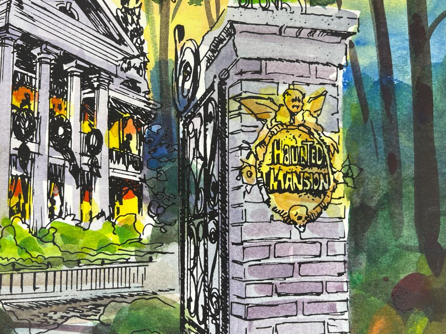 Original Disneyland Watercolor Pen And Ink Drawing Of New Orleans Square Haunted Mansion Disney Attraction By Magoo Valencia 2017 12 X 16 [Photo 6]