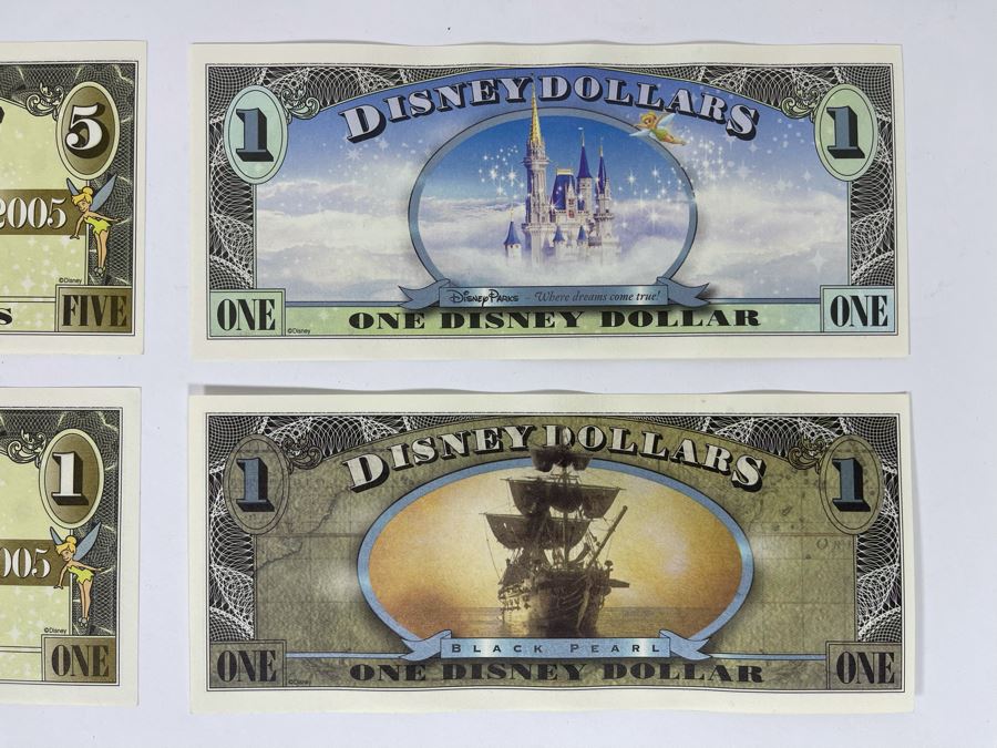 (1) Five Disney Dollars Donald Duck, (1) One Disney Dollar Ariel