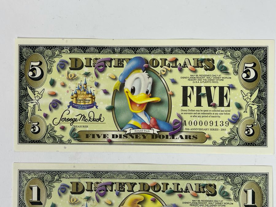 (1) Five Disney Dollars - Donald Duck, (1) One Disney Dollar - Ariel, The Little Mermaid, (1) One Disney Dollar - Pluto, (1) One Disney Dollar - Pirates Of The Caribbean [Photo 3]