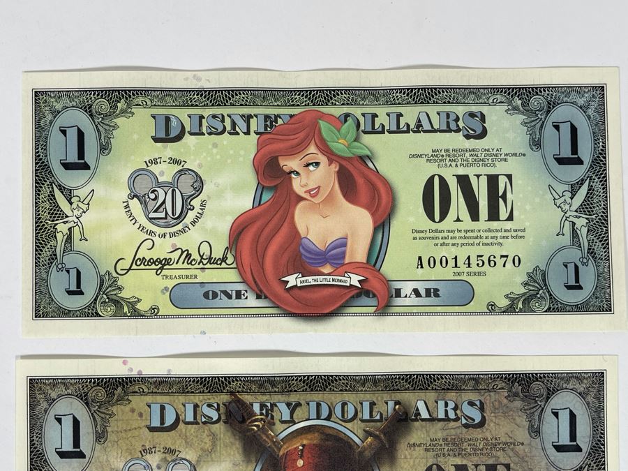 (1) Five Disney Dollars - Donald Duck, (1) One Disney Dollar - Ariel, The Little Mermaid, (1) One Disney Dollar - Pluto, (1) One Disney Dollar - Pirates Of The Caribbean [Photo 6]
