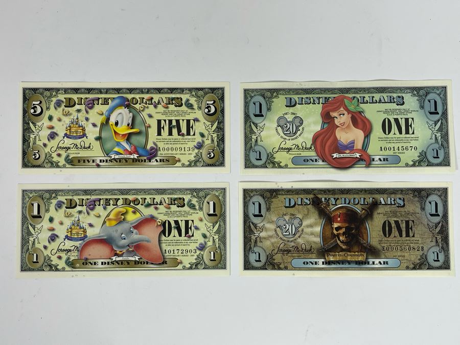 (1) Five Disney Dollars - Donald Duck, (1) One Disney Dollar - Ariel, The Little Mermaid, (1) One Disney Dollar - Pluto, (1) One Disney Dollar - Pirates Of The Caribbean [Photo 2]