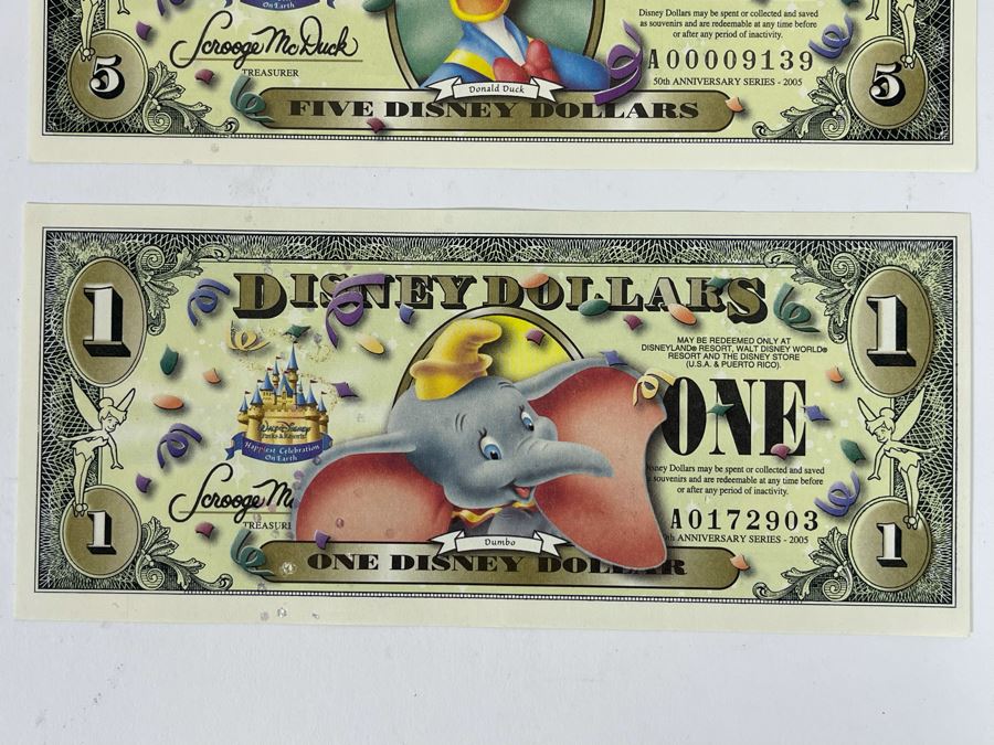 (1) Five Disney Dollars - Donald Duck, (1) One Disney Dollar - Ariel, The Little Mermaid, (1) One Disney Dollar - Pluto, (1) One Disney Dollar - Pirates Of The Caribbean [Photo 4]