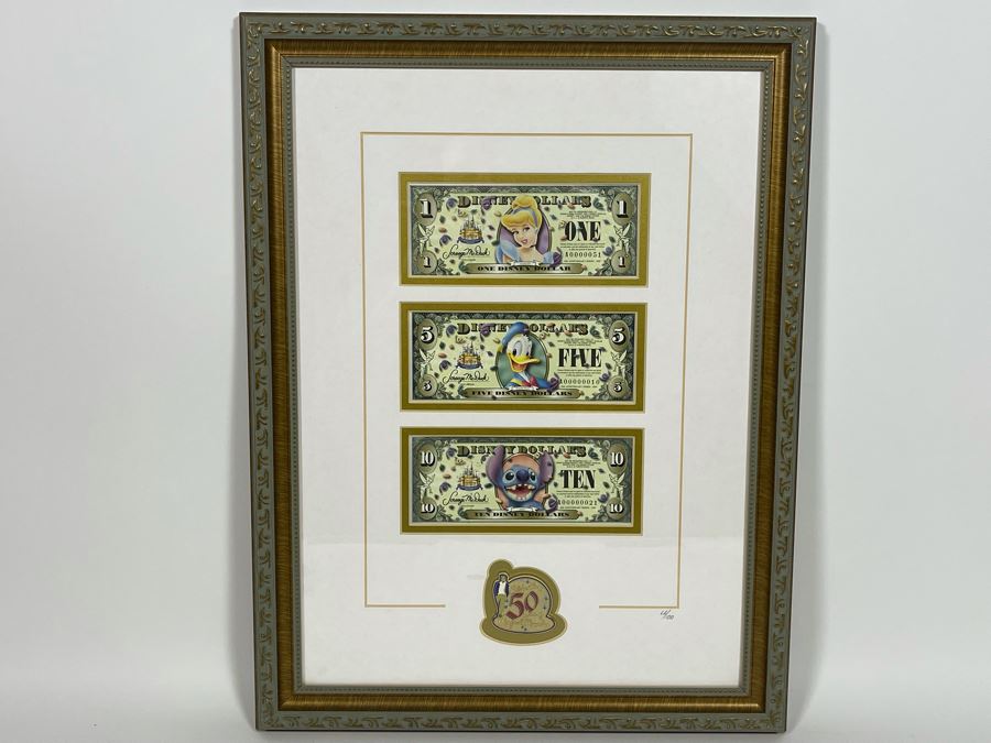 Framed Disneyland 50th Disney Dollars With Pin Framed Set Of Cinderella, Donald Duck, Stitch Disney Dollars With Cert Limited Edition 14.5 X 19.5 [Photo 2]