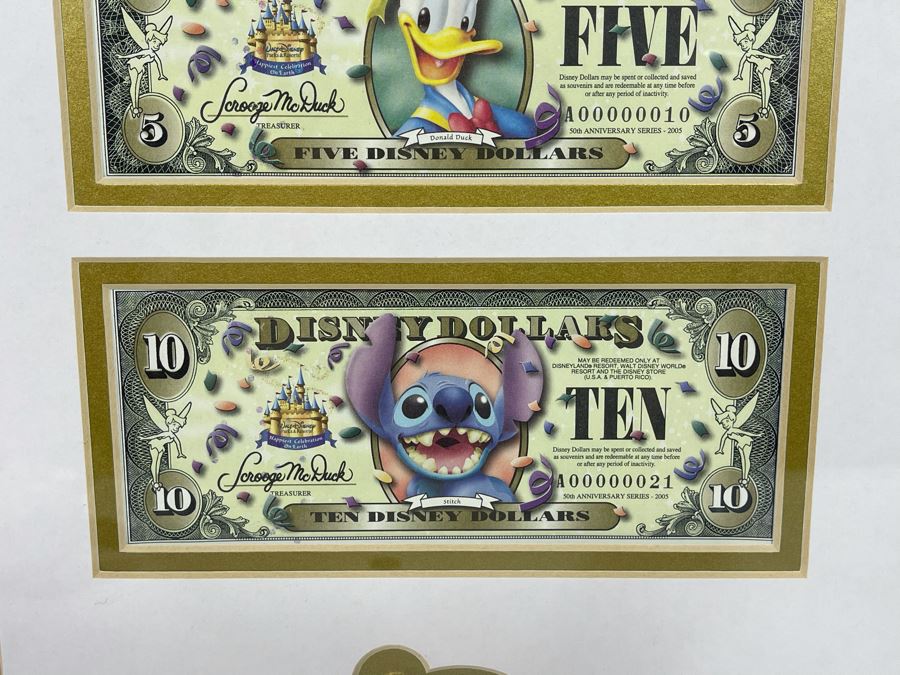 Framed Disneyland 50th Disney Dollars With Pin Framed Set Of Cinderella, Donald Duck, Stitch Disney Dollars With Cert Limited Edition 14.5 X 19.5 [Photo 6]
