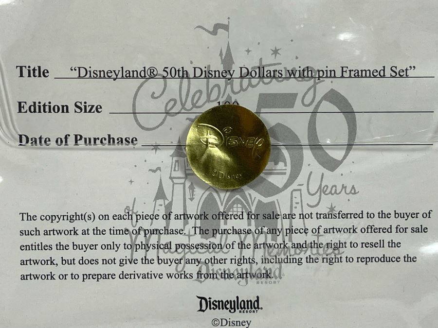 Framed Disneyland 50th Disney Dollars With Pin Framed Set Of Cinderella, Donald Duck, Stitch Disney Dollars With Cert Limited Edition 14.5 X 19.5 [Photo 10]