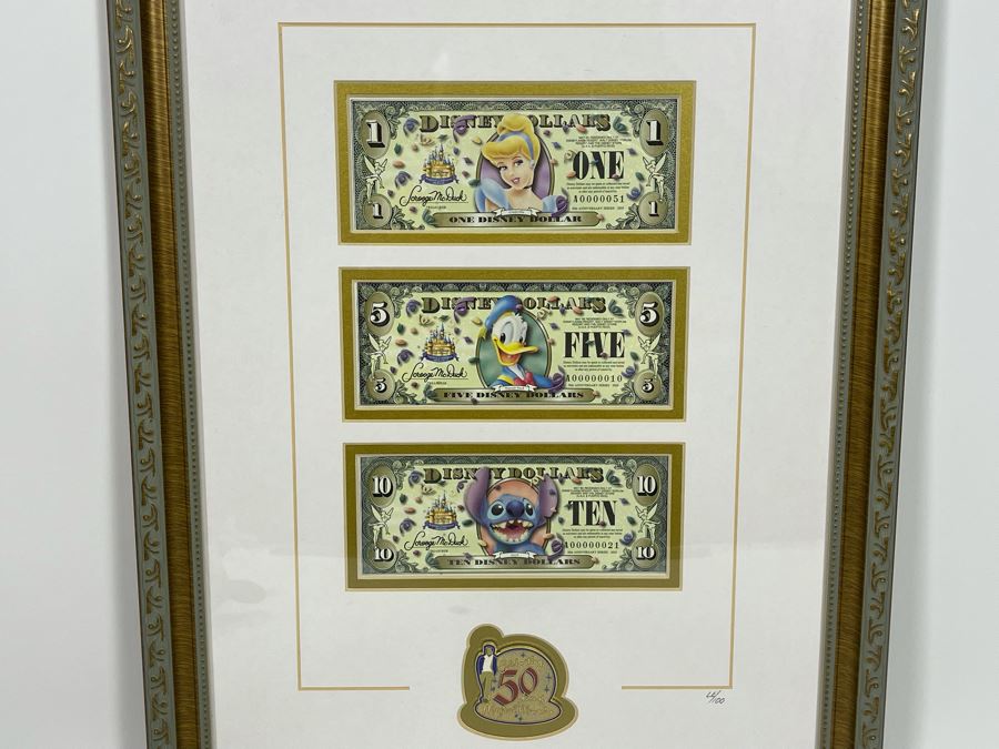Framed Disneyland 50th Disney Dollars With Pin Framed Set Of Cinderella, Donald Duck, Stitch Disney Dollars With Cert Limited Edition 14.5 X 19.5 [Photo 1]