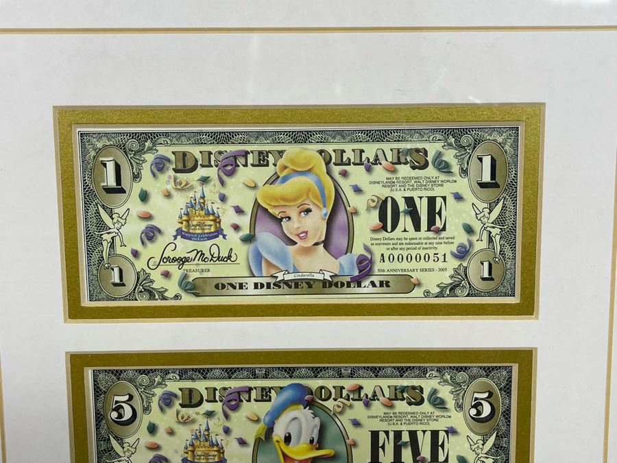 Framed Disneyland 50th Disney Dollars With Pin Framed Set Of Cinderella, Donald Duck, Stitch Disney Dollars With Cert Limited Edition 14.5 X 19.5 [Photo 4]
