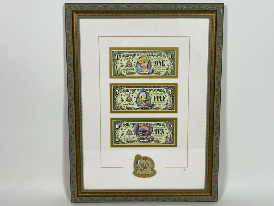 Framed Disneyland 50th Disney Dollars With Pin Framed Set Of Cinderella, Donald Duck, Stitch Disney Dollars With Cert Limited Edition 14.5 X 19.5 [Photo 3]