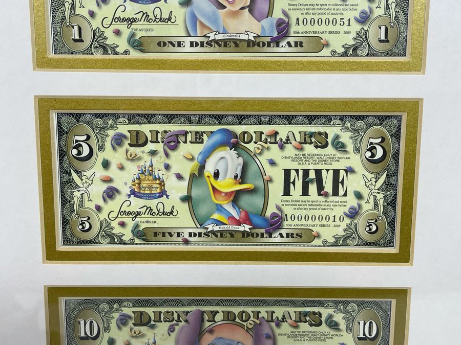 Framed Disneyland 50th Disney Dollars With Pin Framed Set Of Cinderella, Donald Duck, Stitch Disney Dollars With Cert Limited Edition 14.5 X 19.5 [Photo 5]