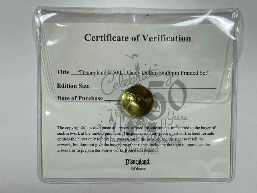 Framed Disneyland 50th Disney Dollars With Pin Framed Set Of Cinderella, Donald Duck, Stitch Disney Dollars With Cert Limited Edition 14.5 X 19.5 [Photo 9]