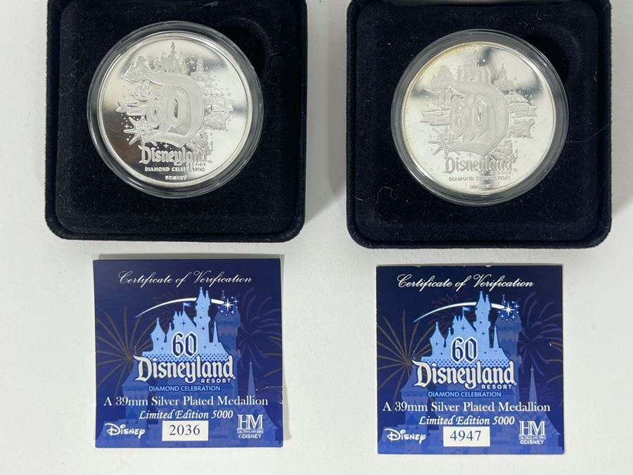 Pair Of Limited Edition Disneyland Resort Diamond Celebration 60 Years 39mm Silver Plated Medallion