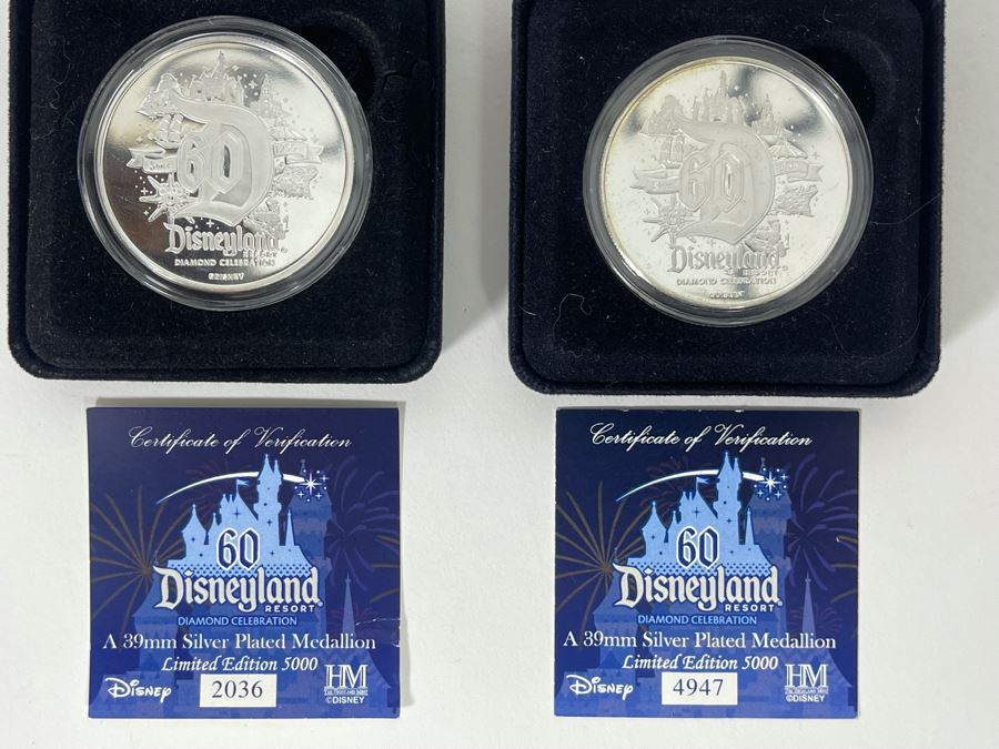 Pair Of Limited Edition Disneyland Resort Diamond Celebration 60 Years 39mm Silver Plated Medallion [Photo 2]