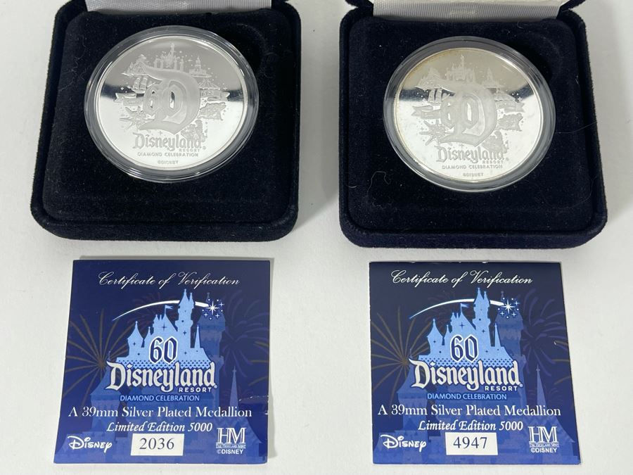 Pair Of Limited Edition Disneyland Resort Diamond Celebration 60 Years 39mm Silver Plated Medallion [Photo 3]