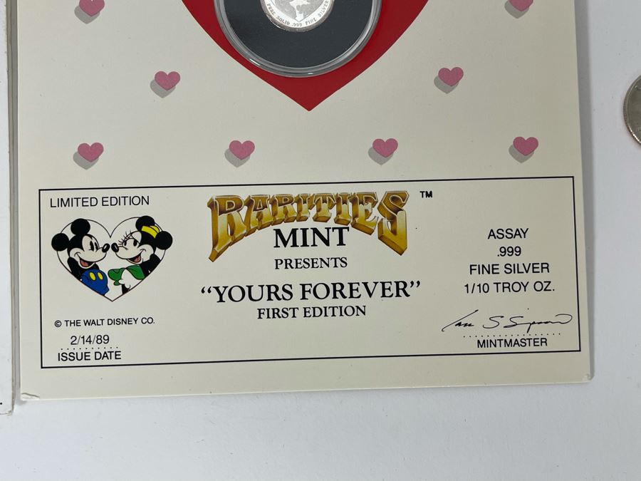 1/10 Troy Oz .999 Fine Silver Limited Edition Mint Disney Coin “Yours Forever” First Edition 1989 [Photo 6]