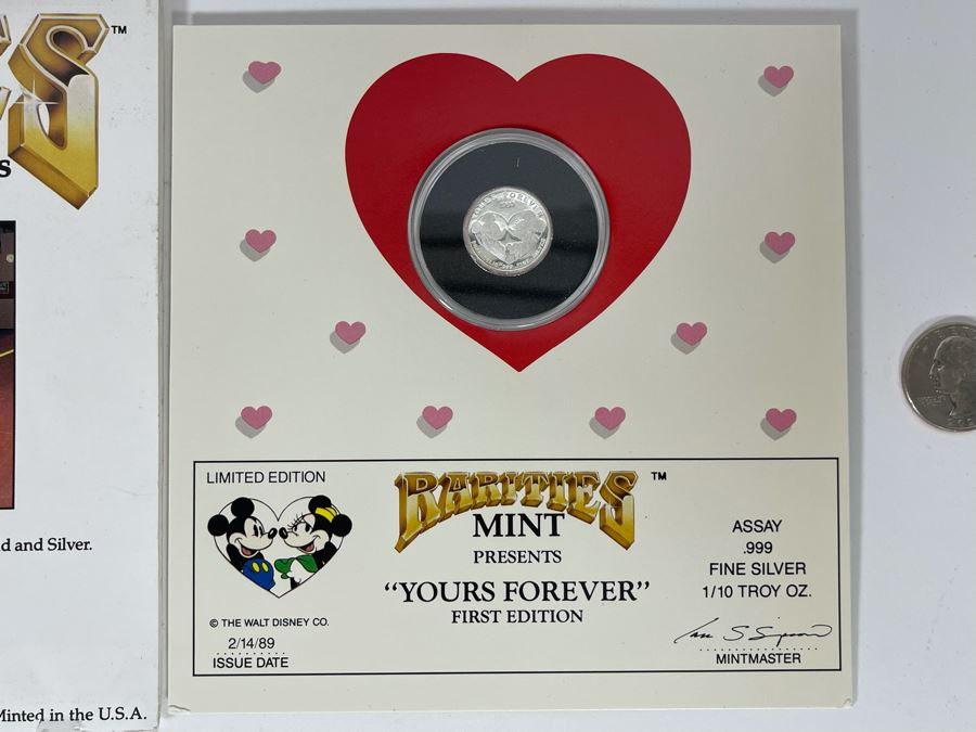 1/10 Troy Oz .999 Fine Silver Limited Edition Mint Disney Coin “Yours Forever” First Edition 1989 [Photo 4]