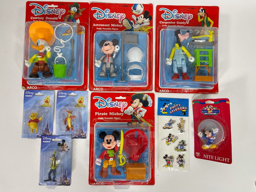 Various Disney Figures, Stickers And Nite Light