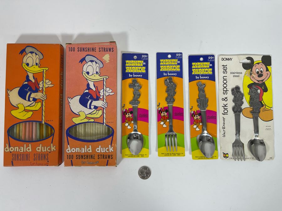 Disney Forks And Spoons Plus Vintage Donald Duck Straws
