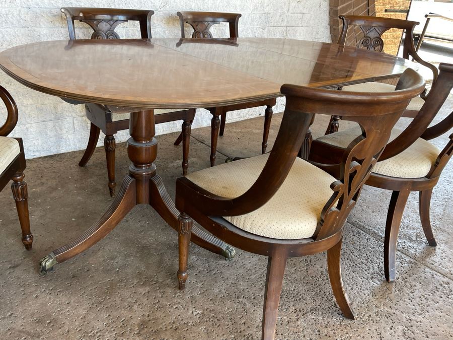 Vintage Wooden Double Pedestal Dining Table With One Leaf And Six Chairs 39W X 73L X 29.5H [Photo 13]