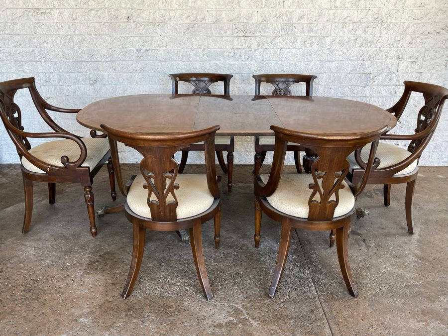 Vintage Wooden Double Pedestal Dining Table With One Leaf And Six Chairs 39W X 73L X 29.5H