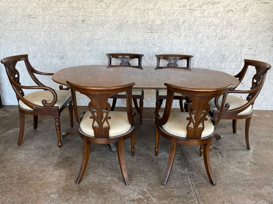 Vintage Wooden Double Pedestal Dining Table With One Leaf And Six Chairs 39W X 73L X 29.5H [Photo 3]