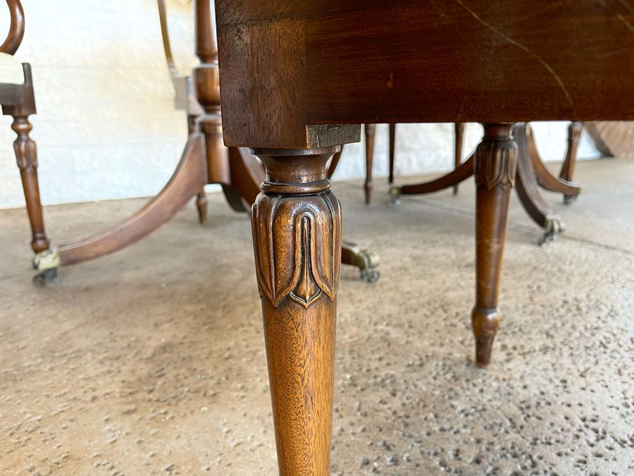 Vintage Wooden Double Pedestal Dining Table With One Leaf And Six Chairs 39W X 73L X 29.5H [Photo 18]